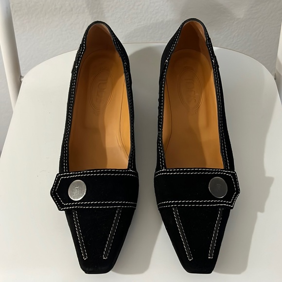 Tod's Shoes - Tod's Black Suede Pointed Toe Loafers with White Stitching